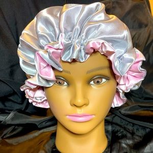 Grey and Pink Reversible silk bonnet